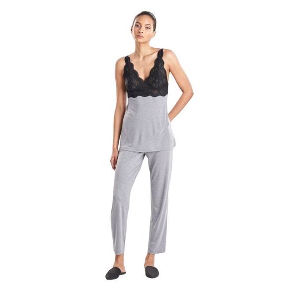Natori Women's Obsession Pajama Set Pants Lace Cami Adjustable in Black & Gray - Picture 1 of 4